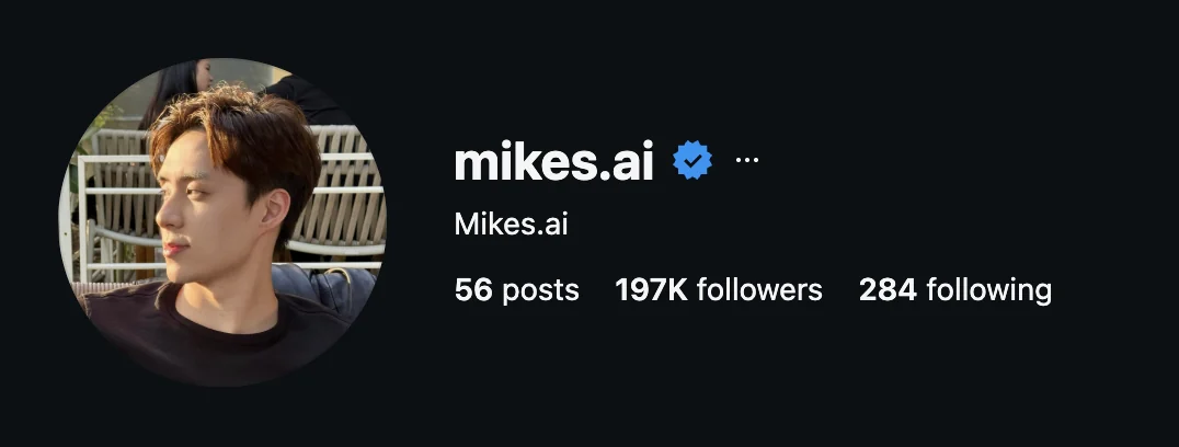 Instagram profile of @mikes.ai after Garlic Media: 56 posts, 197K followers.