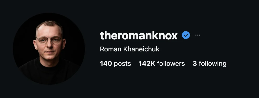 Instagram profile of @theromanknox before Garlic Media: 140 posts, 142K followers.