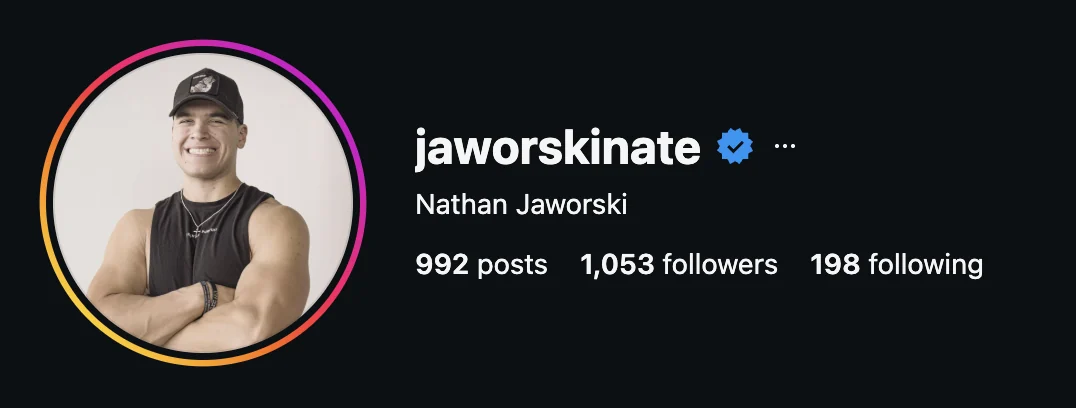 Instagram profile of @jaworskinate before Garlic Media: 992 posts, 1,053 followers.
