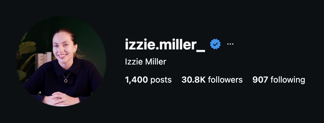 Instagram profile of @izzie.miller_ after Garlic Media: 1,400 posts, 30.8K followers.